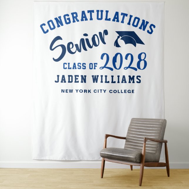 Modern Navy Blue Graduation Photo Booth Backdrop Tapestry (In Situ)