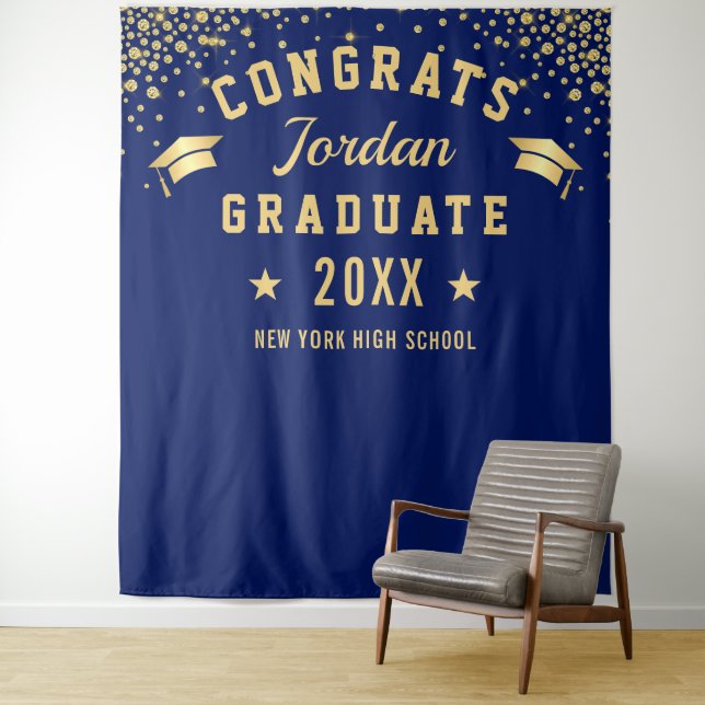 Modern Navy Blue Graduation Photo Booth Backdrop Tapestry (In Situ)