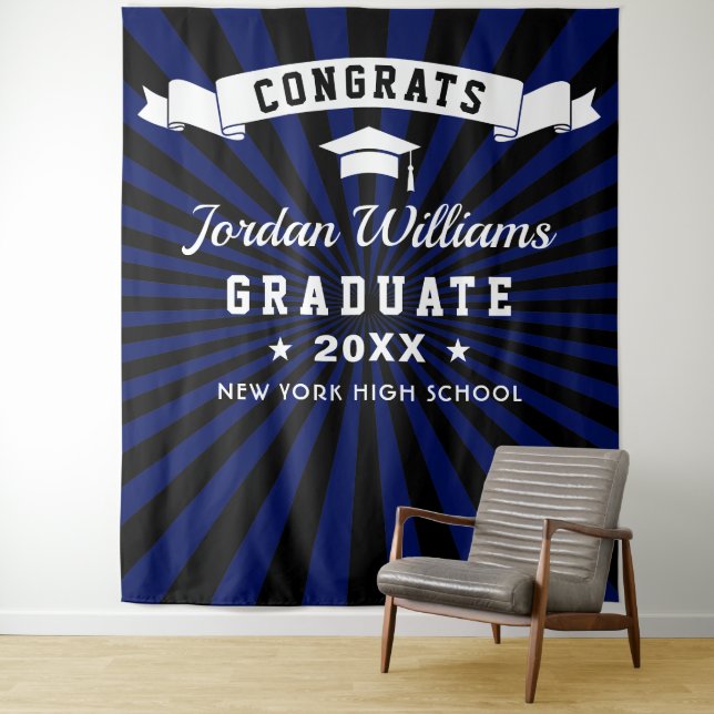 Modern Navy Blue Graduation Photo Booth Backdrop Tapestry (In Situ)