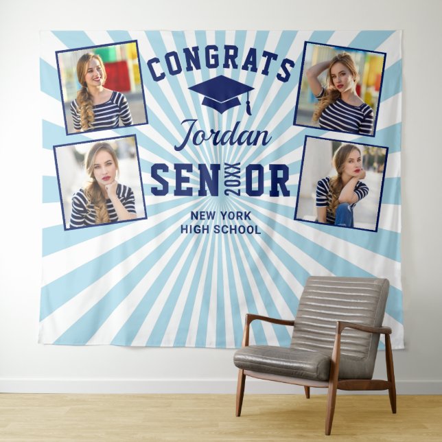 Modern Navy Blue Graduation Photo Booth Backdrop Tapestry (In Situ (Horizontal))