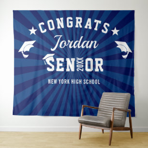 Modern Navy Blue Graduation Photo Booth Backdrop Tapestry