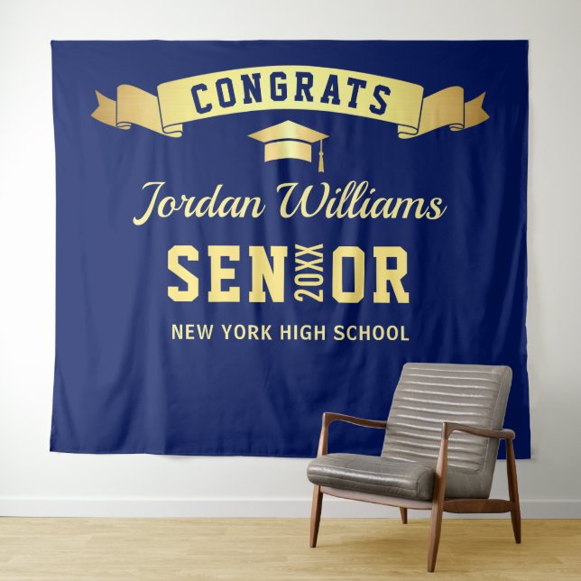 Modern Navy Blue Graduation Photo Booth Backdrop Tapestry (In Situ (Horizontal))
