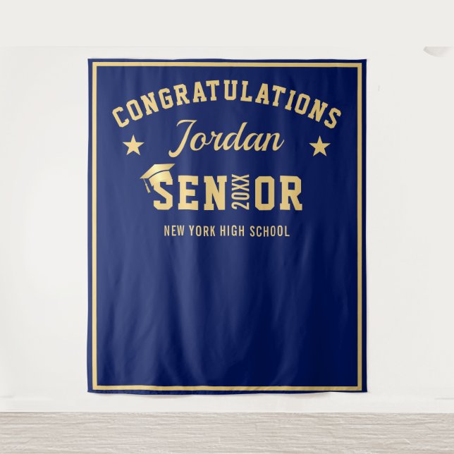Modern Navy Blue Graduation Photo Booth Backdrop Tapestry (Front)
