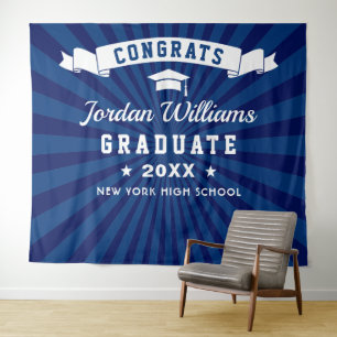 Modern Navy Blue Graduation Photo Booth Backdrop Tapestry