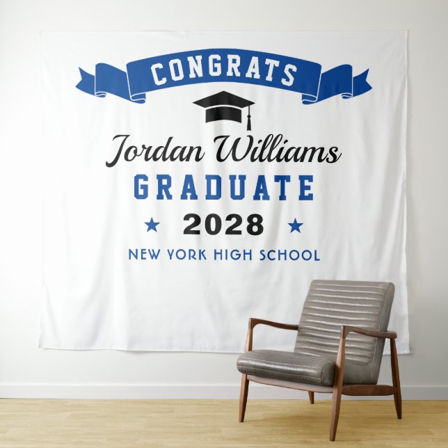 Modern Navy Blue Graduation Photo Booth Backdrop Tapestry (In Situ (Horizontal))