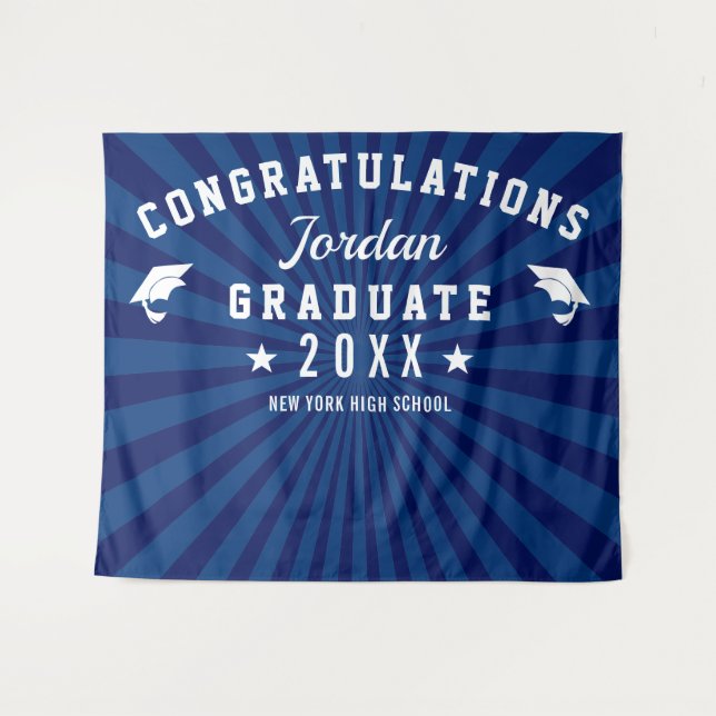 Modern Navy Blue Graduation Photo Booth Backdrop Tapestry (Front (Horizontal))