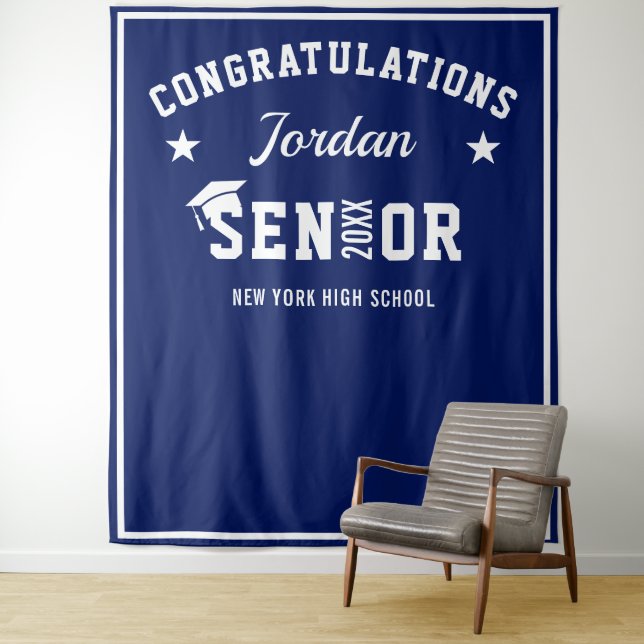 Modern Navy Blue Graduation Photo Booth Backdrop Tapestry (In Situ)