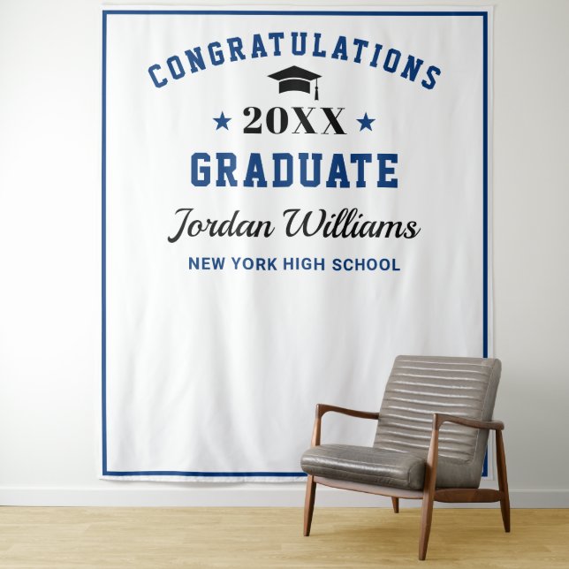 Modern Navy Blue Graduation Photo Booth Backdrop Tapestry (In Situ)