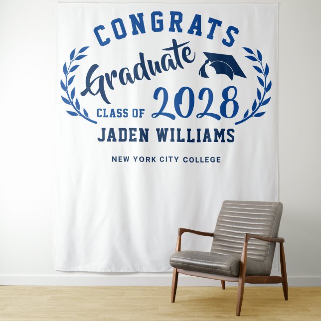 Modern Navy Blue Graduation Photo Booth Backdrop Tapestry (In Situ)