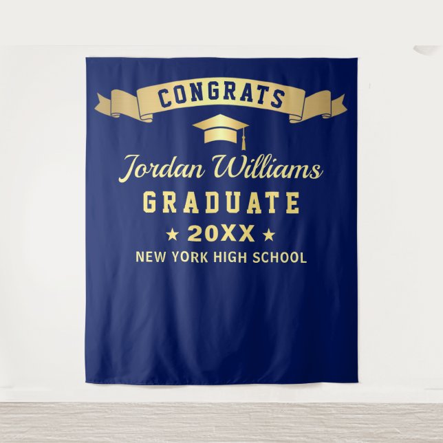 Modern Navy Blue Graduation Photo Booth Backdrop Tapestry (Front)