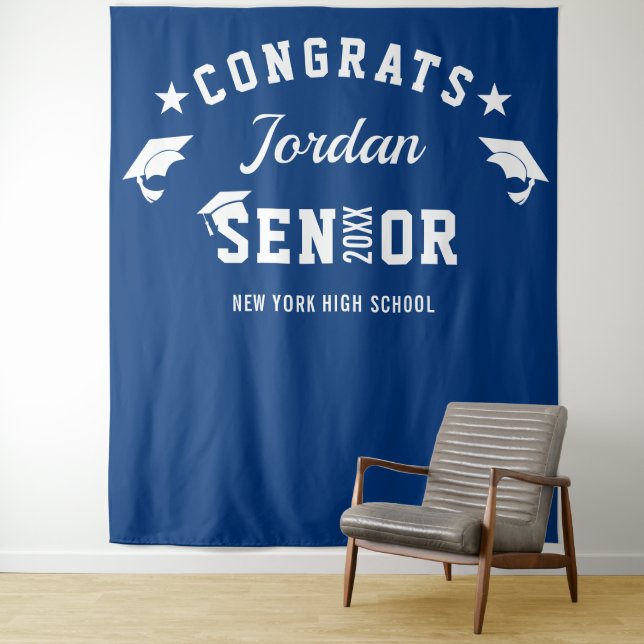 Modern Navy Blue Graduation Photo Booth Backdrop Tapestry (In Situ)