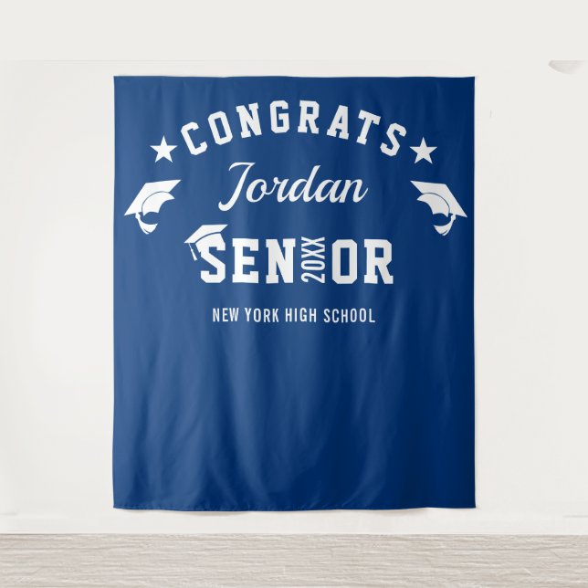 Modern Navy Blue Graduation Photo Booth Backdrop Tapestry (Front)