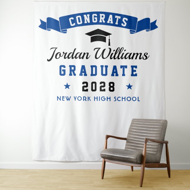 Modern Navy Blue Graduation Photo Booth Backdrop Tapestry (In Situ)