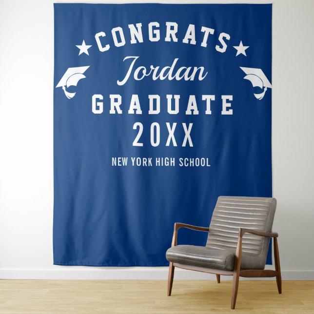 Modern Navy Blue Graduation Photo Booth Backdrop Tapestry (In Situ)