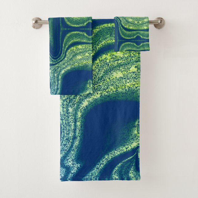 Modern navy blue green abstract marble pattern bath towel set (Insitu)