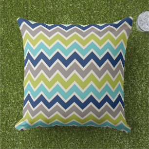 Modern Navy Blue Green and Grey Chevron Outdoor Cushion