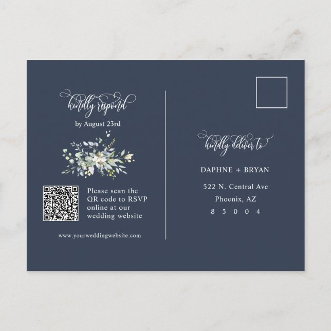 Modern Navy Blue Green Leaves QR Code Address RSVP Postcard (Back)