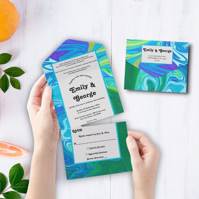 Modern Navy Blue Green Waves Abstract Art Wedding All In One Invitation (Creator Uploaded)