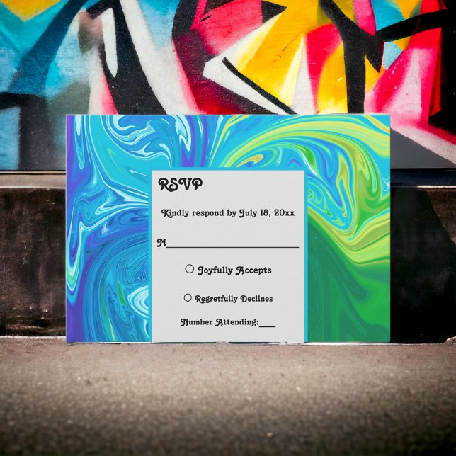 Modern Navy Blue Green Waves Abstract Art Wedding RSVP Card (Creator Uploaded)