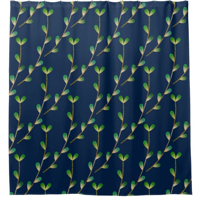 Modern Navy Blue Greenery Shower Curtain (Front)