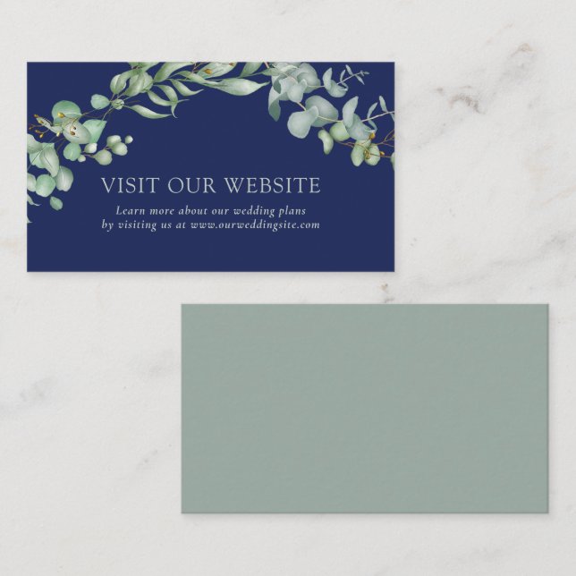 Modern Navy Blue Greenery Wedding Website Enclosure Card (Front/Back)