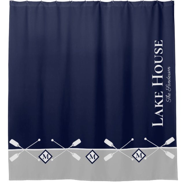 Modern Navy Blue Grey Monogram Lake House Nautical Shower Curtain (Front)
