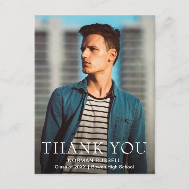 Modern Navy Blue Guy Photo Graduation Thank You Postcard (Front)