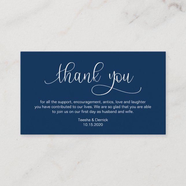Modern Navy Blue Hand Lettered, Wedding Thank you Enclosure Card (Front)