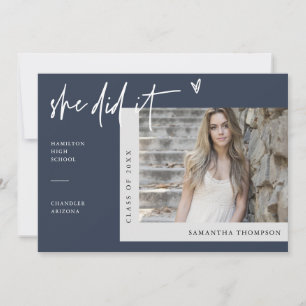 Modern Navy Blue Heart Photo She Did It Graduation Invitation