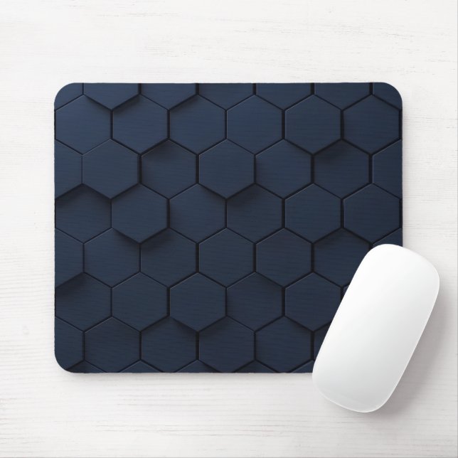 Modern Navy Blue Hexagon 3D Pattern Mouse Mat (With Mouse)