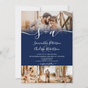 Modern navy blue initials script 5 photos wedding invitation