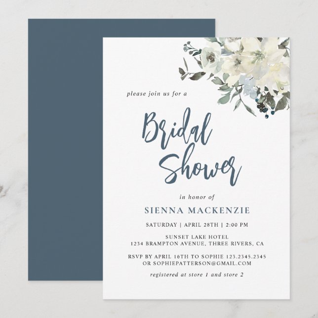 Modern Navy Blue Ivory Floral Bridal Shower Invitation (Front/Back)