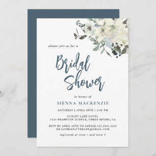 Modern Navy Blue Ivory Floral Bridal Shower Invitation