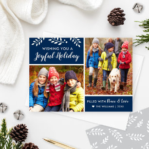 Modern Navy Blue Joyful Holiday Photo Collage Card