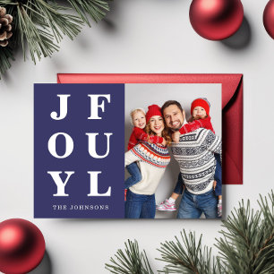 Modern Navy Blue Joyful One Photo Christmas Holiday Card