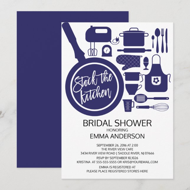 Modern Navy Blue Kitchen Bridal Shower Invitation (Front/Back)