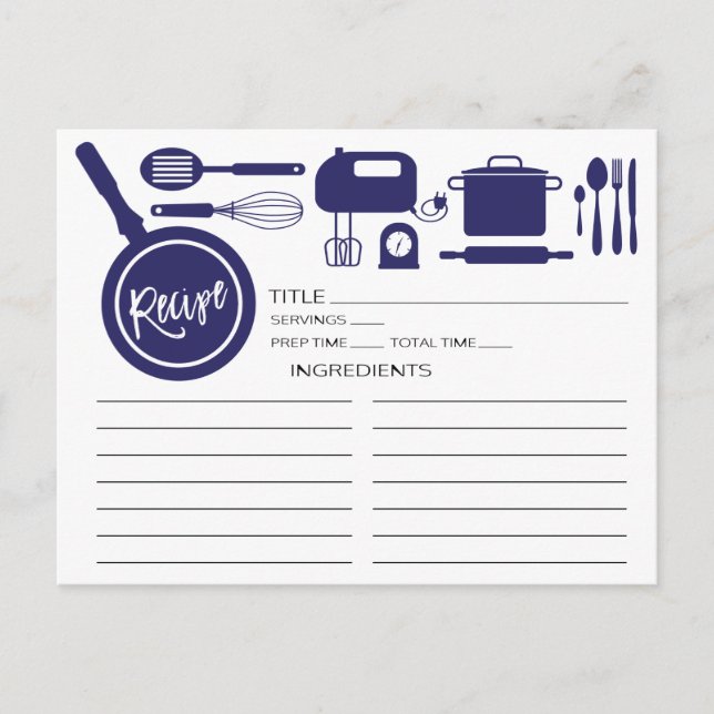 Modern Navy Blue Kitchen Utensils Recipe Card (Front)