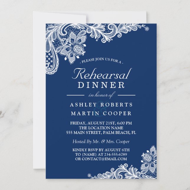 Modern Navy Blue Lace Wedding Rehearsal Dinner Invitation (Front)