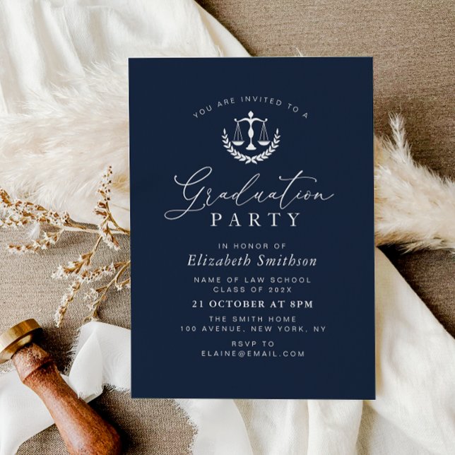modern navy blue law school graduation party invitation (Creator Uploaded)