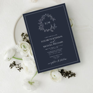 Modern Navy Blue Leafy Crest Monogram Wedding Invitation