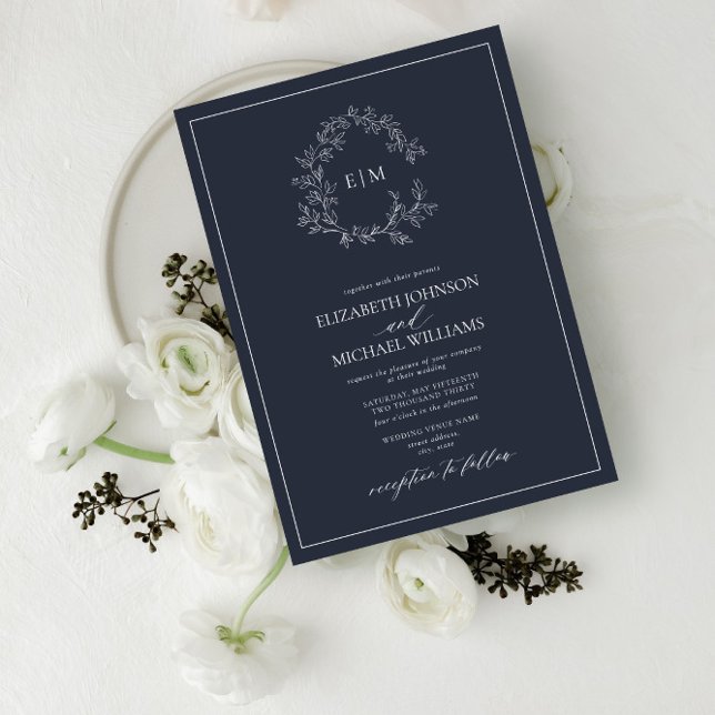Modern Navy Blue Leafy Crest Monogram Wedding Invitation (Creator Uploaded)