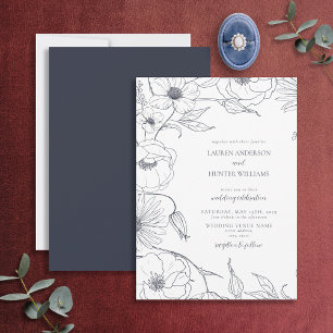 Modern Navy Blue Line Art Floral Wedding Invitation
