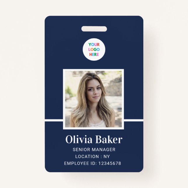 Modern Navy Blue  Logo Security Employee Photo ID Badge (Front)