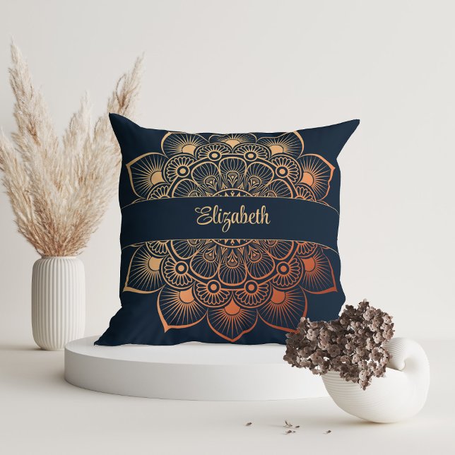 Modern Navy Blue Mandala Custom Name Cushion (Modern Navy Blue Mandala Custom Name Throw Pillow on white room with dry flowers.)