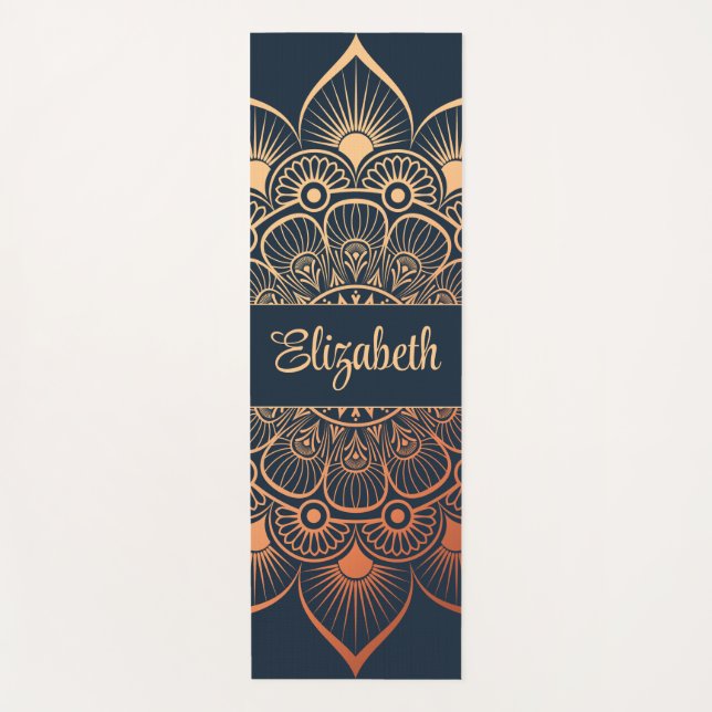Modern Navy Blue Mandala Custom Name Yoga Mat (Front)