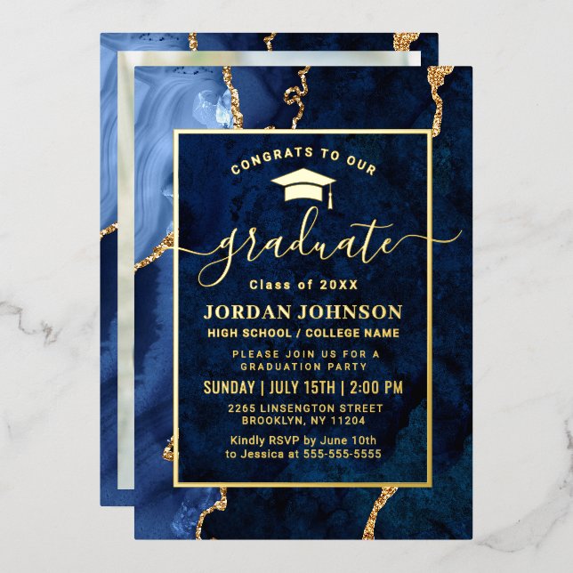 Modern Navy Blue Marble Graduation Party Gold (Front/Back)