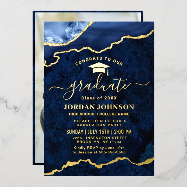 Modern Navy Blue Marble Graduation Party Gold (Front/Back)