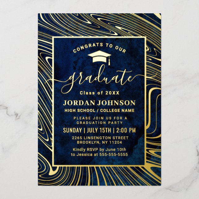 Modern Navy Blue Marble Graduation Party Gold (Front)