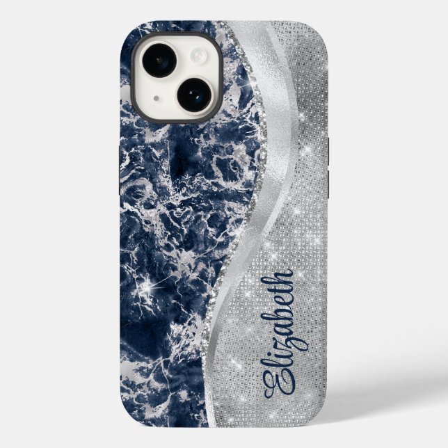 Modern Navy Blue Marble Silver Glitter Monogram Case-Mate iPhone Case (Back)