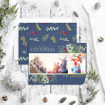 Modern Navy Blue Merry Christmas Script Pine Photo Foil Holiday Card<br><div class="desc">Looking for a unique holiday card that will really stand out? Check out our Modern Navy Blue Merry Christmas Script Pine Photo Gold Foil Holiday Card! This beautiful card features three of your favourite photos in a gold foil frame, accented by festive red, green and gold foil winter motifs. Gold...</div>